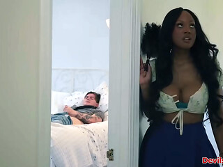 Ebony stepmom sucks stepsons white cock
