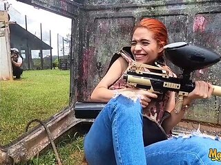 Redhead angel with silicone tits Miranda Banks likes outdoor sex