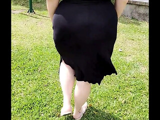 Walk in the public square with the stepmother in a transparent dress.