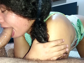 DEEP THROAT, PUNCHING THE STALK OF THE CUCKOLD'S COCK, SHAKING HIS ASS