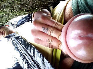 Close up Cum Behind Tree in Park and Rubbing Cum on Camera Lens with Glans
