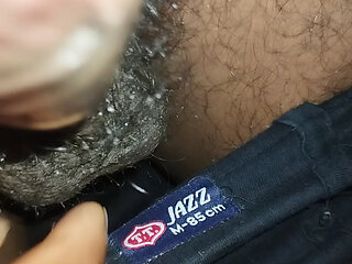 Asian boy massages her big black cock panis