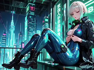 AI-generated- Cyber Agent'_s Private Night! The blonde siren in her neon tactical suit lounges seductively inside the high-tech command center.
