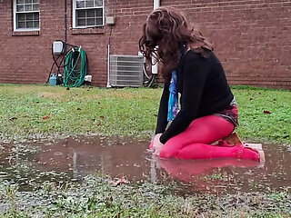 Cd, outdoors pantyhose puddle play and shower off dressed up after.