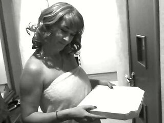 Pizza delivery guy brought pizza His met by naked owner sexy blonde MILF without panties and bra. Shower. Ass mature Tits Pussy