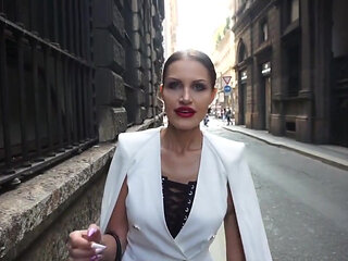 Gorgeous femdom girl punishing him outdoor