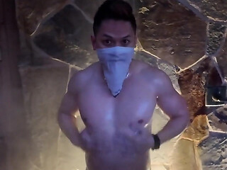 Naked Asian Muscle Hunk Dawn Outdoor Shower Flex - Thick Biceps, 6-pack Abs, V-taper Back & Big Cumshot