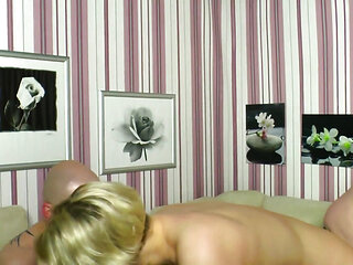 Blonde german milf opens her pussy desperate to be penetrated by two big cocks while being filmed in pov inside the room