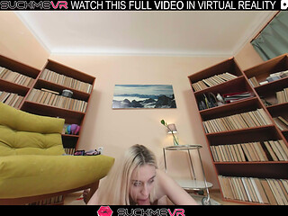 Horny blonde slut Molly Cute rides a big cock in VR.