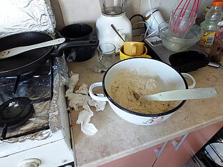Sexy mom prepares breakfast, hairy pussy, big tits.