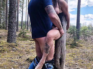 Handcuffed Milf On The Tree In Public Forest And Fucking Her Hard
