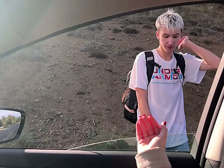 We picked up a cute twink and fucked him in the car with my busty girlfriend