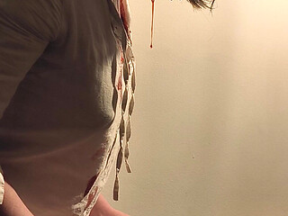 Red Liquid Is Pouring on a Beautiful Girl. Art Project