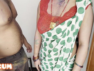 Fucking My Hot Aunt in Holi on Stairs