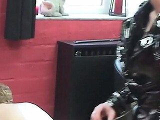 Purple-haired Dominatrix Whips Her Bound Slave Hard