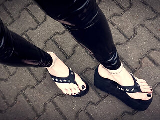public crossdressing - latex leggings and thong platforms