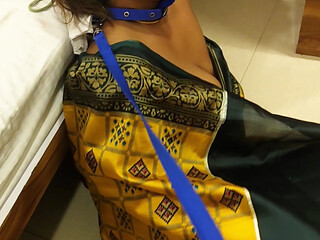Blindfold Indian Traditional Real wife Olivia cheated to be used as Slave Dog by her Master in Saree in Slap Blowjob Training