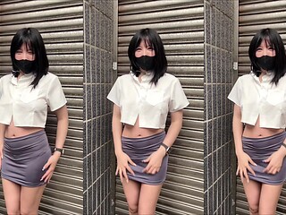 First floor balcony flash tits out, rubbing my clit in public
