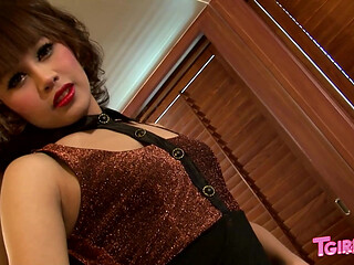 TGIRLS XXX Asian Trans Model Performs Solo Handjob and Dildo Anal Play in Pink Lingerie