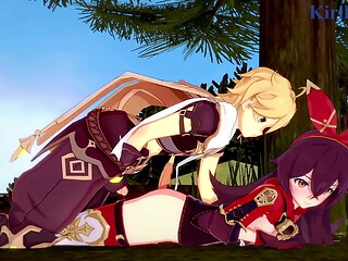 Amber and Fischl (Amy) and Aether intense sex. - Genshin Impact Hentai