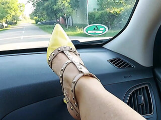 Sexy milf in short skirt and high heels masturbates in a taxi on the way to work. Part.2