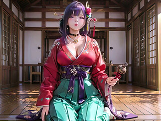 Purple Hair Kimono Girl's Private Morning! Red & Green clash is insane.