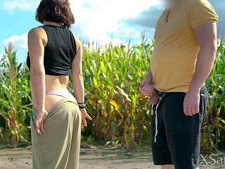 Petite MILF Fucks Stranger in Cornfield  Standing Sex & Cum on Ass