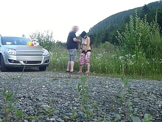 Mature MILF Leashed Slave Suck Cock in Public