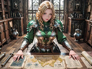 Medieval Knight Fantasy! Green Armor & Wet Secrets, Kneeling in the Library Gazing at You, Hand on Chest Teasing...