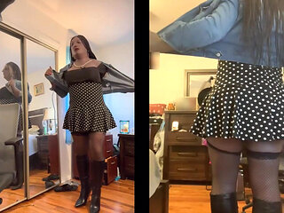 Black Babe Danae in a Short Polka Dot Dress Fucking Her Dildo