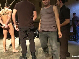 Blindfolded Stud Sucks Strangers Cocks at a Party