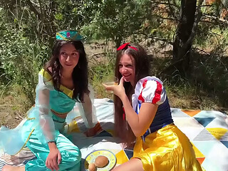 Cute Princesses Jasmine and Snow White Get Fucked by Rough Guys in a Fairy-Tale Forest
