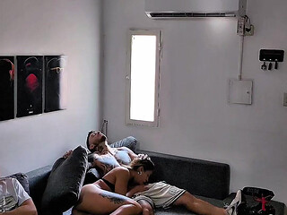 Fucking My Best Friend's Wife on the Couch While He Watches TV