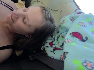 Blonde slut moans with hard shaft in car