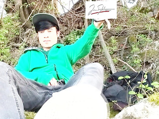 Risky masturbation outdoors a man's voice caught this cute gay twink with his balls hanging out, jerking off his uncut foreskin