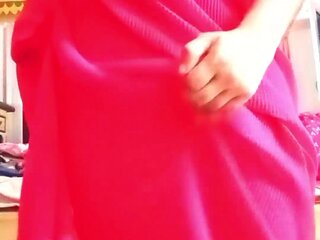 Indian Ass bandit Crossdresser Gaurisissy pressing her ample funbags in rosy saree