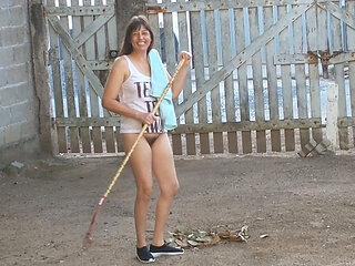 Wife without panties working in front yard teasing husband