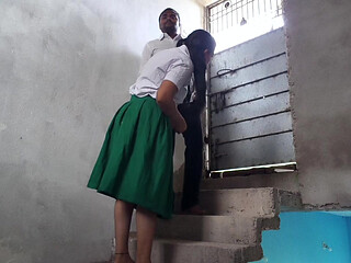 18 years old virgin school girl romance and boobs press with her boyfriend in school balcony