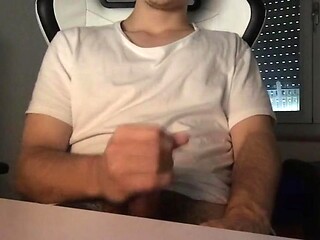 Teen boy wanks his young cock on his shirt