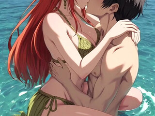 Redhead anime hentai girl fucks in the water