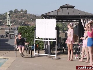Two hot blondes and brunettes lose a bet and strip down in public.
