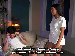 Slim brunette stepsister knows how to convince her stepbrother to show her his huge cock.