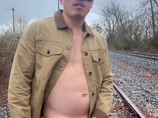 Rain-soaked Railroad Exhibition Muscular Asian Hunk Strips, Flexes, Cums Hard & Marks His Territory