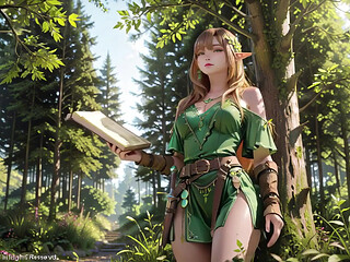 Green Elf in the Forest Secret! Kneeling gaze under dappled sunlight, a dreamy tease with fingertips touching her lips.