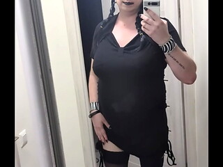 Sissy in chastity dances in stockings &amp_ heels with big fake tits &mdash_ Wednesday Addams cosplay