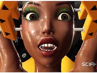 A sultry encounter with a futuristic android in a high-tech lab