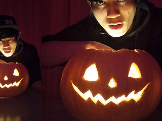 SFW Jon Arteen cute twink emo femboy carves a Halloween pumpkin in his underwear Jack-o'-Lantern