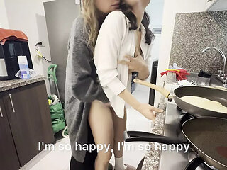 Lesbian Sex with My Husband's Stepsister in the Kitchen While She Prepares Breakfast and My Husband Is in the Bedroom