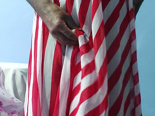 Boy masturbating and cum wearing a Silk Seethrough Chiffon Fleared Red and white Strips Skirt