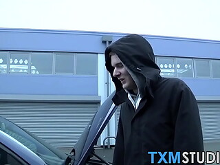 tender gay spitroasted in threeway after picked up by car